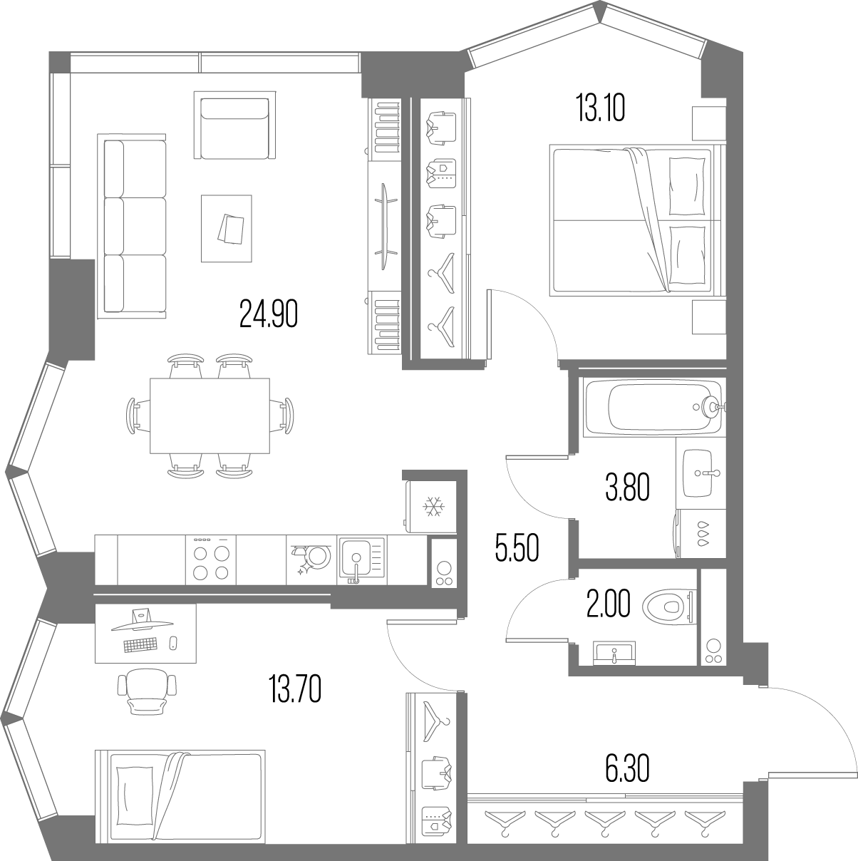 Планировка — Северный Порт, 3-комн., 69 м²