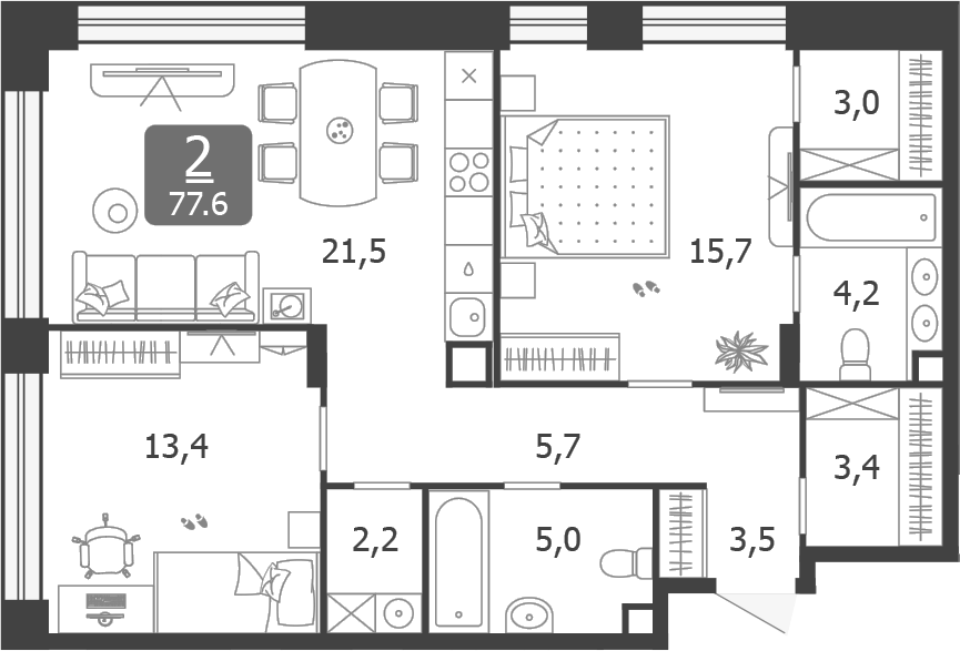 Планировка — Shagal, 3-комн., 78 м²