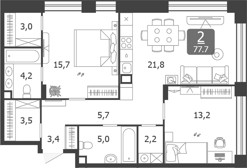 Планировка — Shagal, 3-комн., 78 м²