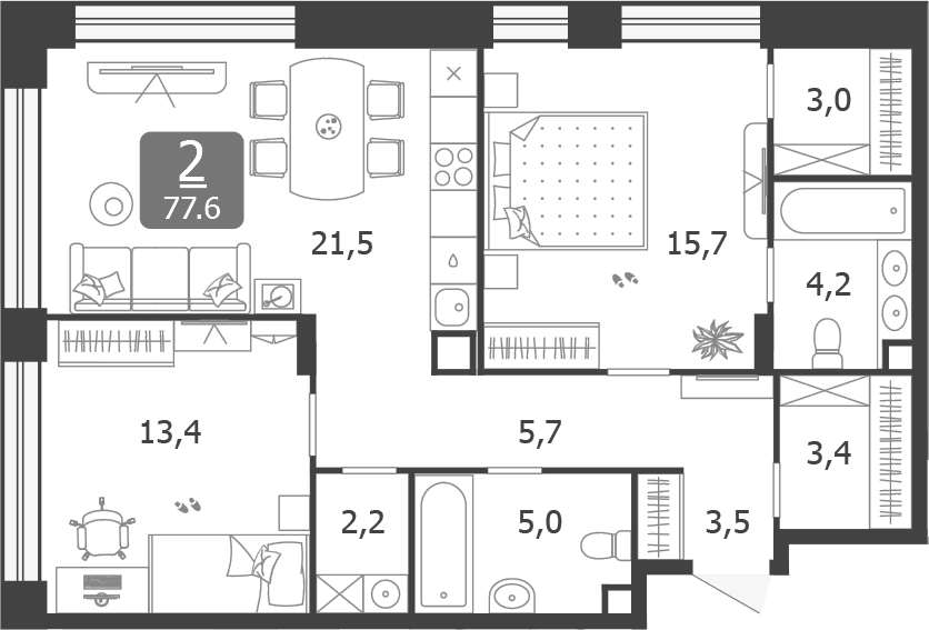 Планировка — Shagal, 3-комн., 78 м²