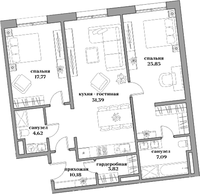 Планировка — Садовническая, 69, 3-комн., 101 м²
