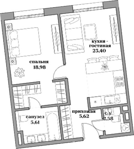 Планировка — Садовническая, 69, 2-комн., 56 м²