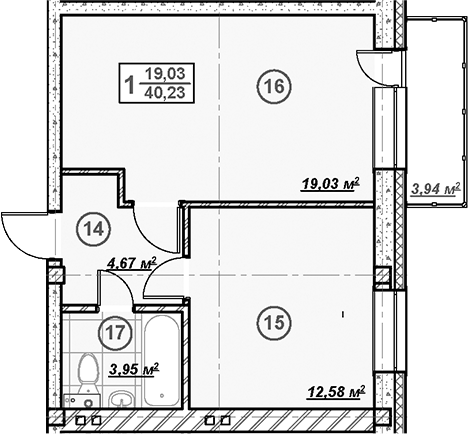 Планировка — Ликино, 1-комн., 40 м²