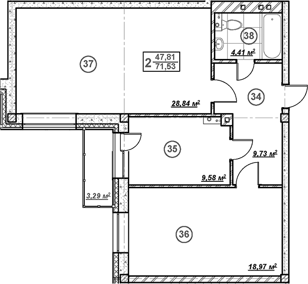 Планировка — Ликино, 2-комн., 72 м²