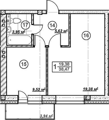 Планировка — Ликино, 1-комн., 38 м²