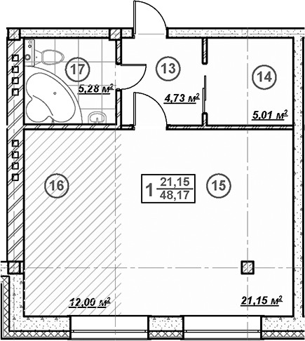 Планировка — Ликино, Студия, 48 м²