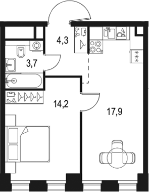 Планировка — Левел Селигерская, 1-комн., 40 м²
