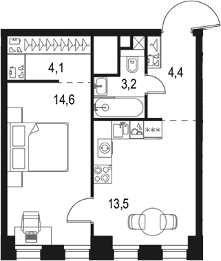 Планировка — Левел Селигерская, 1-комн., 40 м²