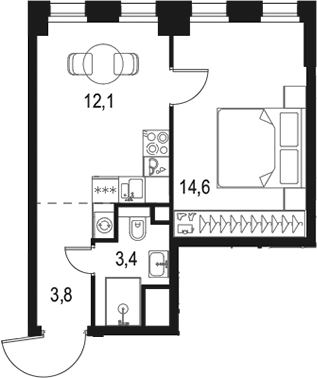 Планировка — Левел Селигерская, 1-комн., 34 м²
