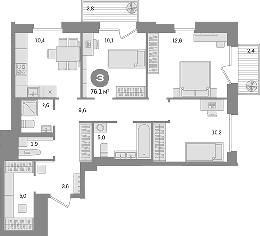 Планировка — Квартал Герцена, 3-комн., 71 м²