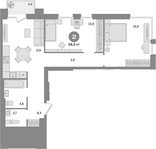 Планировка — Квартал Герцена, 2-комн., 66 м²