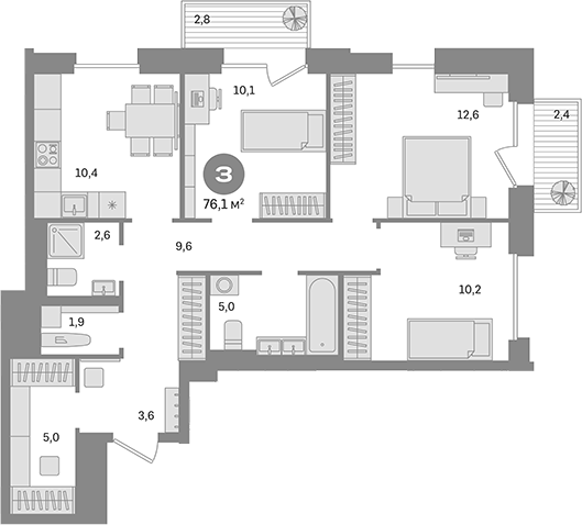 Планировка — Квартал Герцена, 3-комн., 71 м²