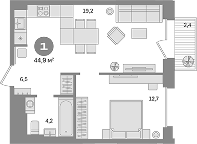 Планировка — Квартал Герцена, 1-комн., 43 м²