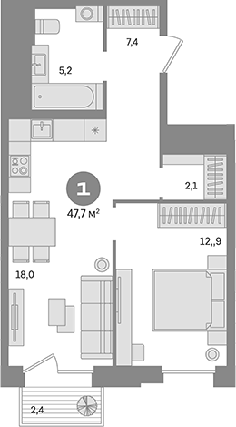 Планировка — Квартал Герцена, 1-комн., 45 м²