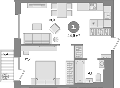 Планировка — Квартал Герцена, 1-комн., 43 м²