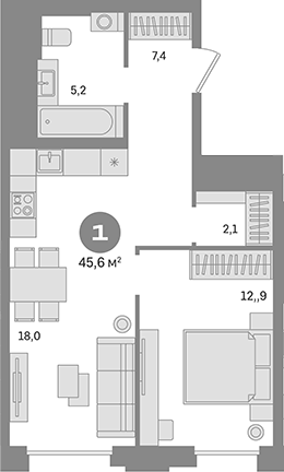 Планировка — Квартал Герцена, 1-комн., 46 м²