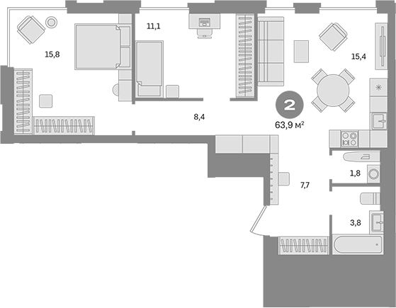 Планировка — Квартал Герцена, 2-комн., 64 м²