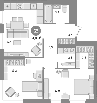 Планировка — Квартал Герцена, 2-комн., 62 м²