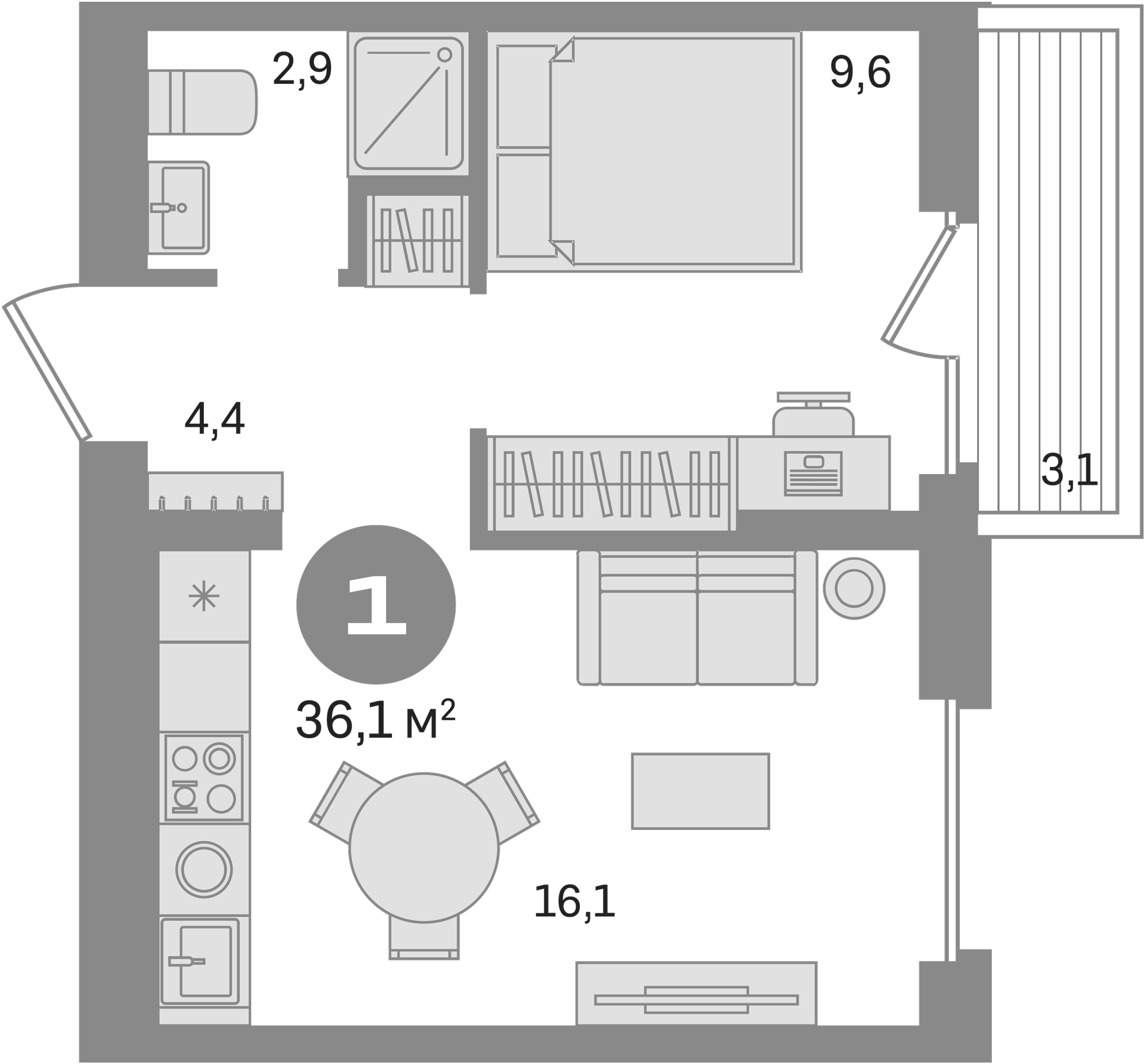 Планировка — Первый квартал. Вторая очередь, 1-комн., 33 м²