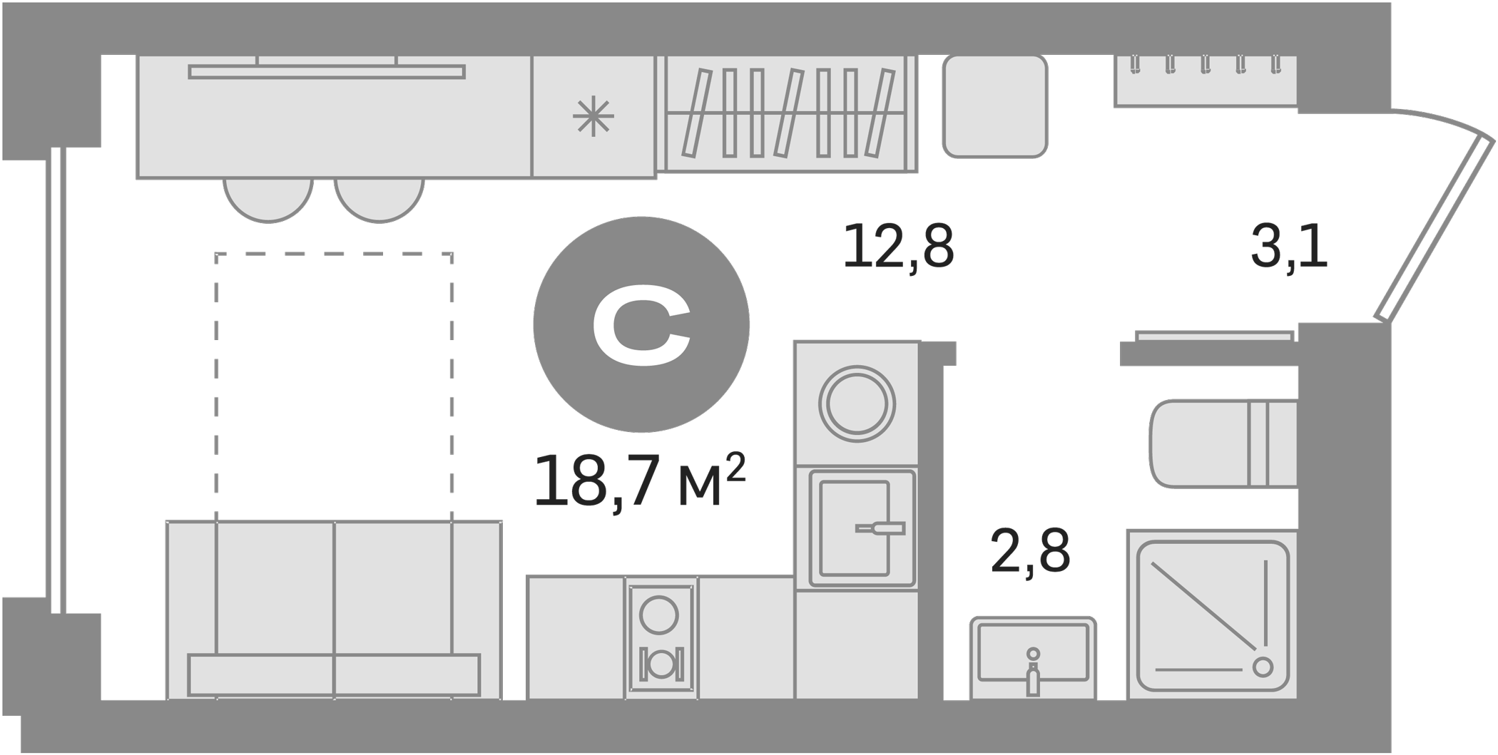 Планировка — Первый квартал. Вторая очередь, Студия, 19 м²