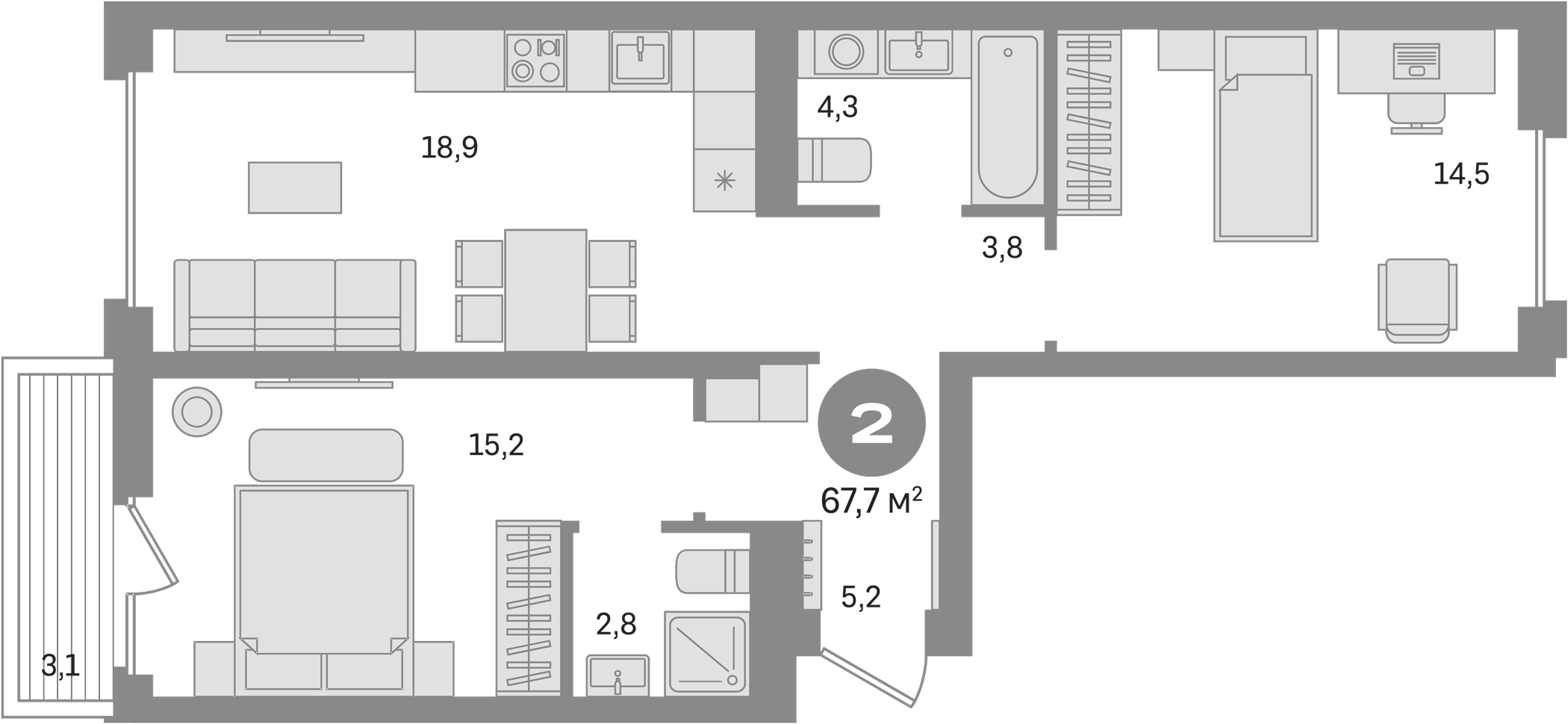 Планировка — Первый квартал. Вторая очередь, 2-комн., 65 м²