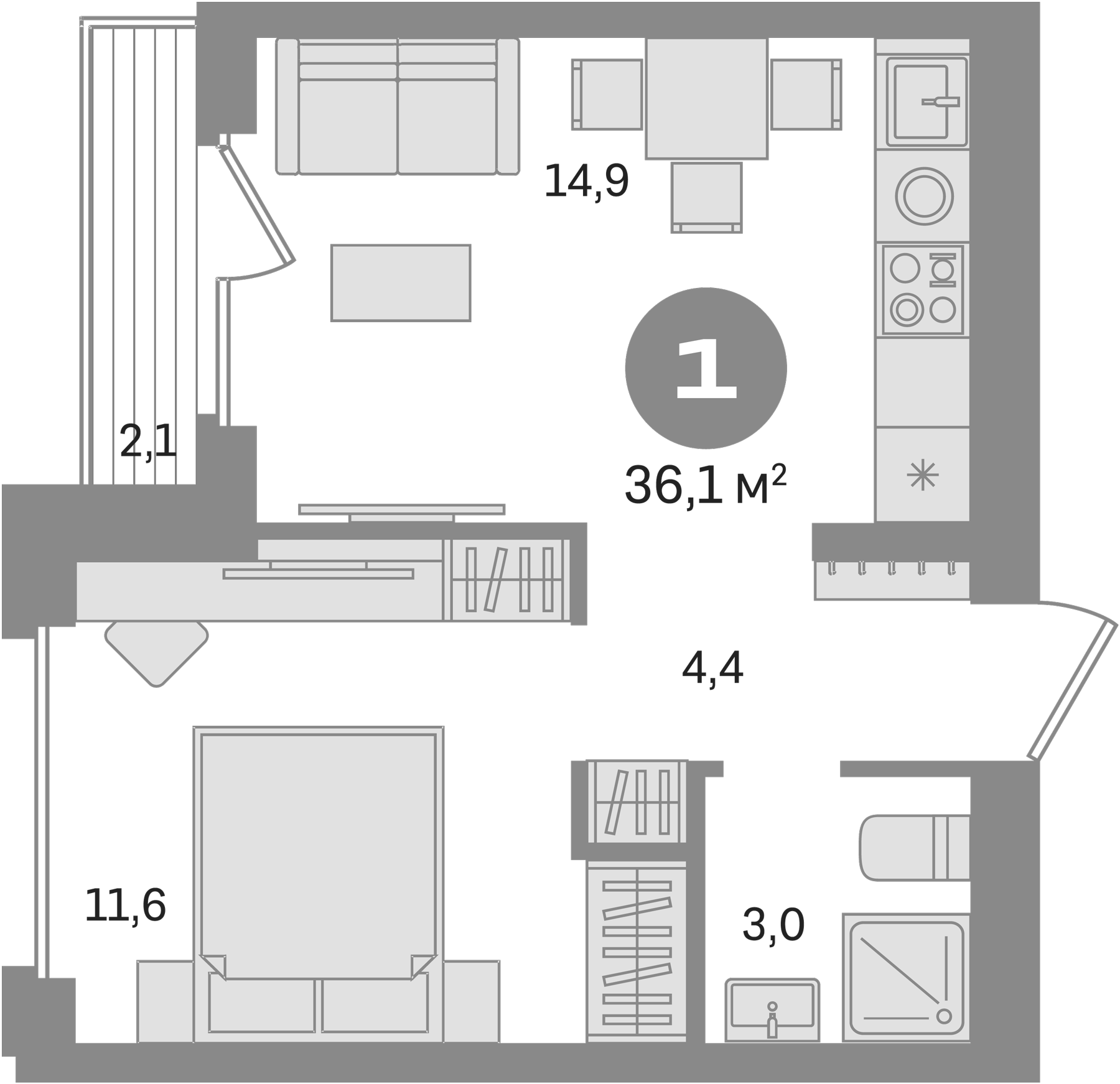 Планировка — Первый квартал. Вторая очередь, 1-комн., 34 м²