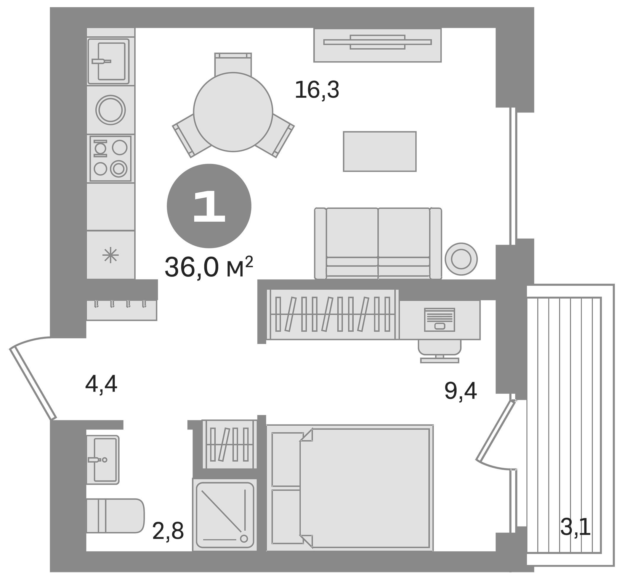 Планировка — Первый квартал. Вторая очередь, 1-комн., 33 м²