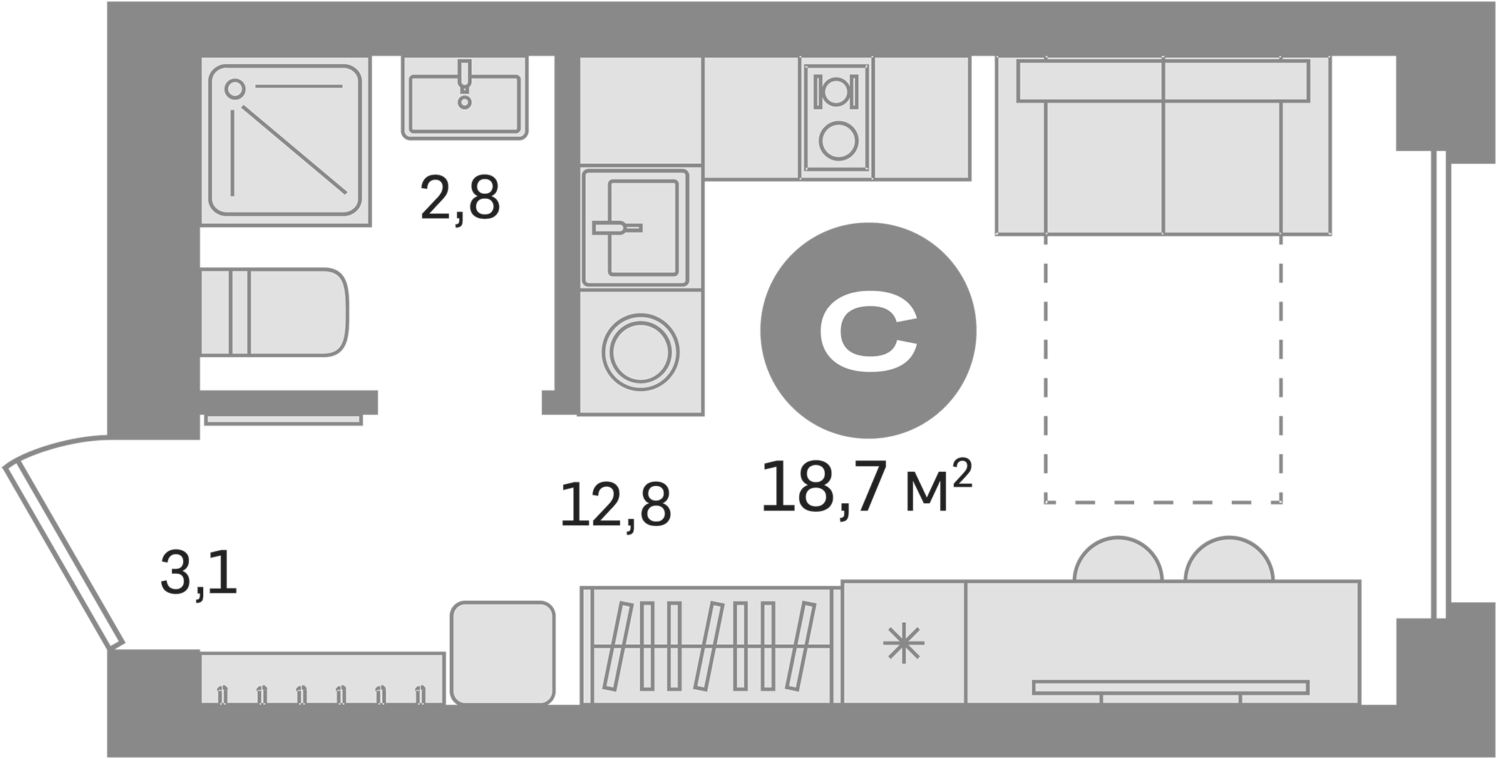 Планировка — Первый квартал. Вторая очередь, Студия, 19 м²