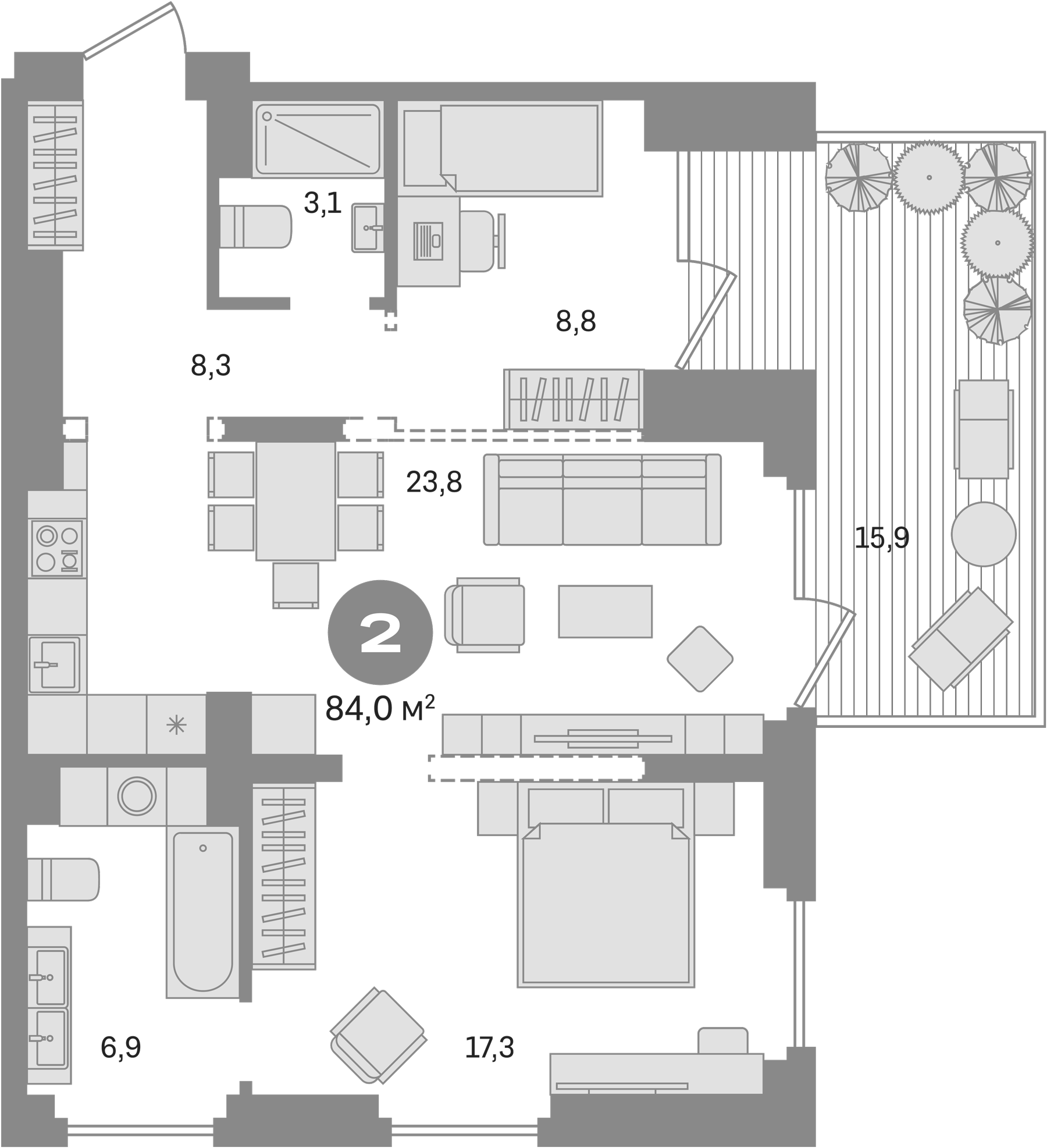 Планировка — Первый квартал. Вторая очередь, 2-комн., 68 м²