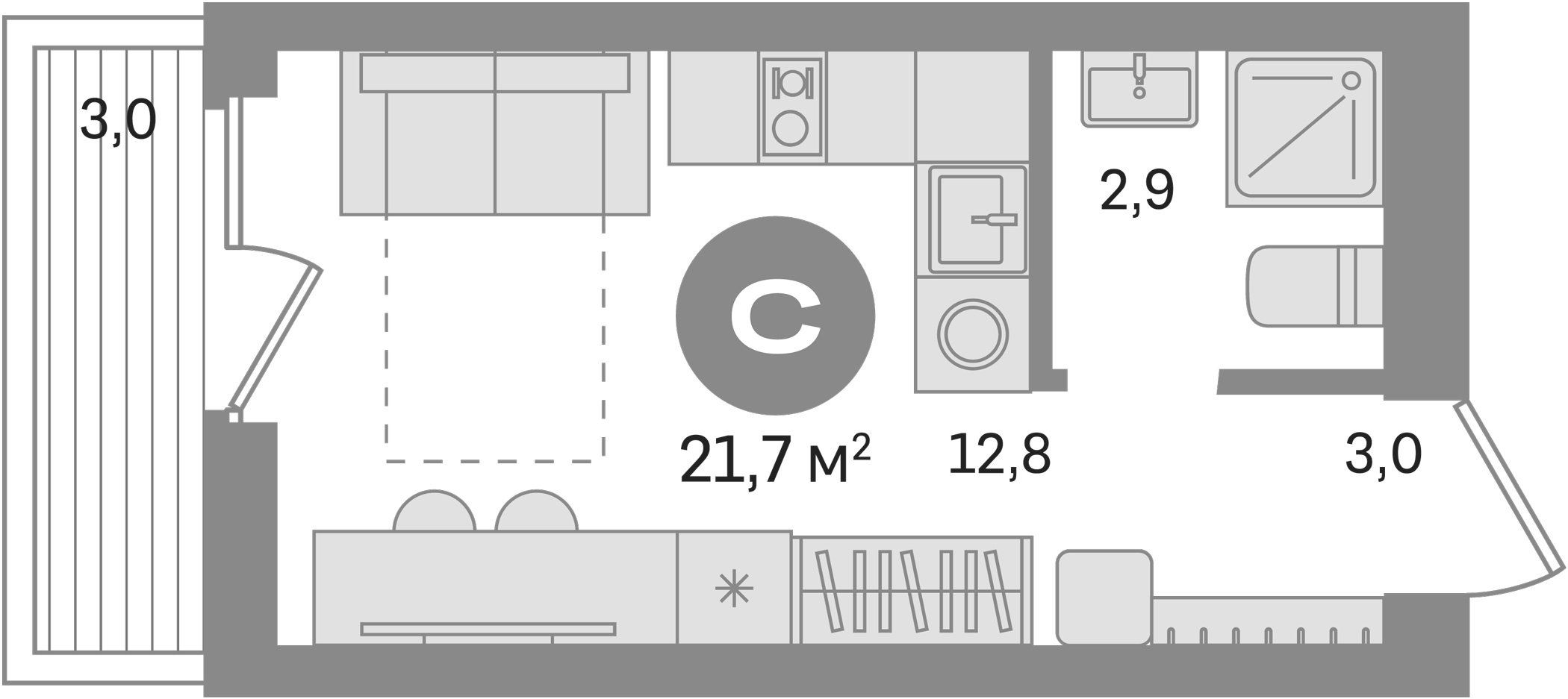 Планировка — Первый квартал. Вторая очередь, Студия, 19 м²