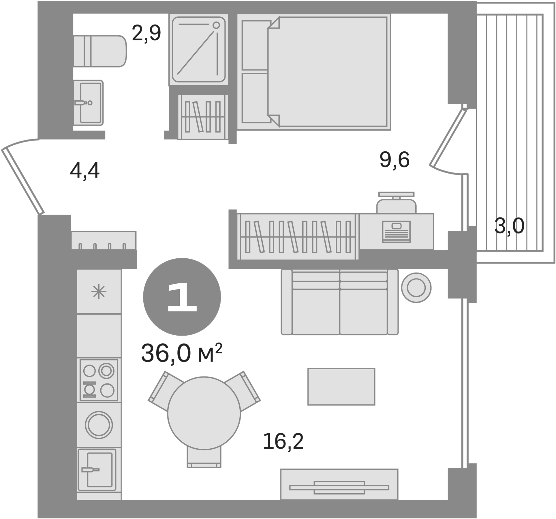 Планировка — Первый квартал. Вторая очередь, 1-комн., 33 м²