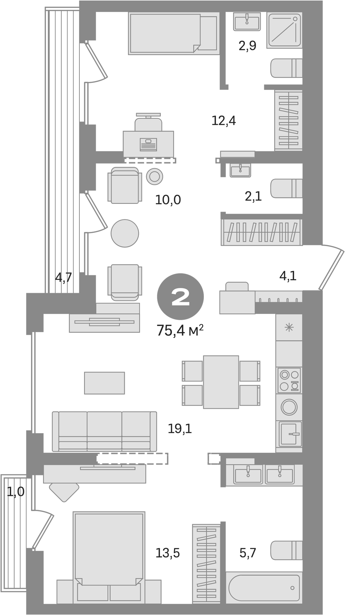 Планировка — Первый квартал. Вторая очередь, 2-комн., 70 м²