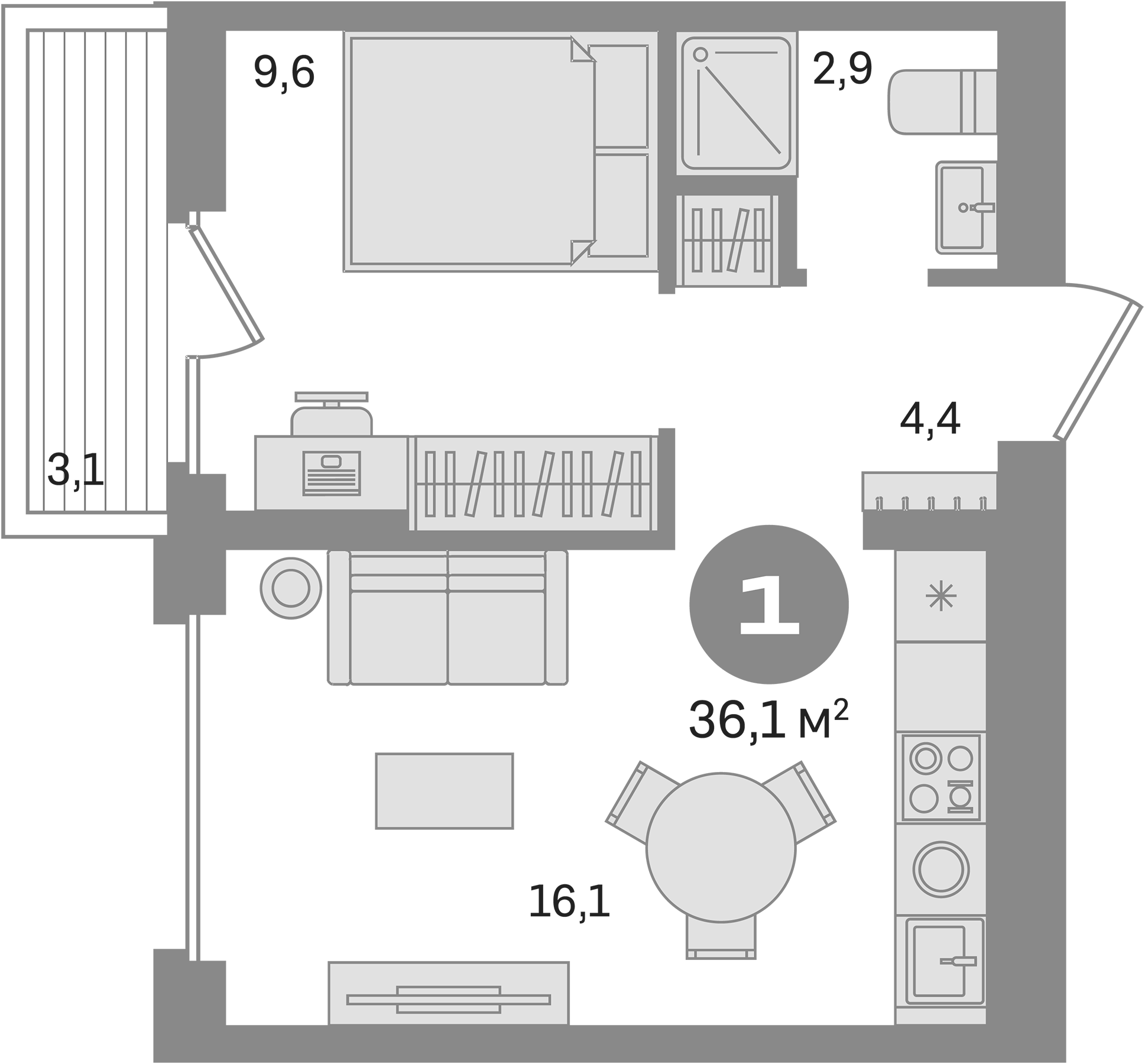 Планировка — Первый квартал. Вторая очередь, 1-комн., 33 м²