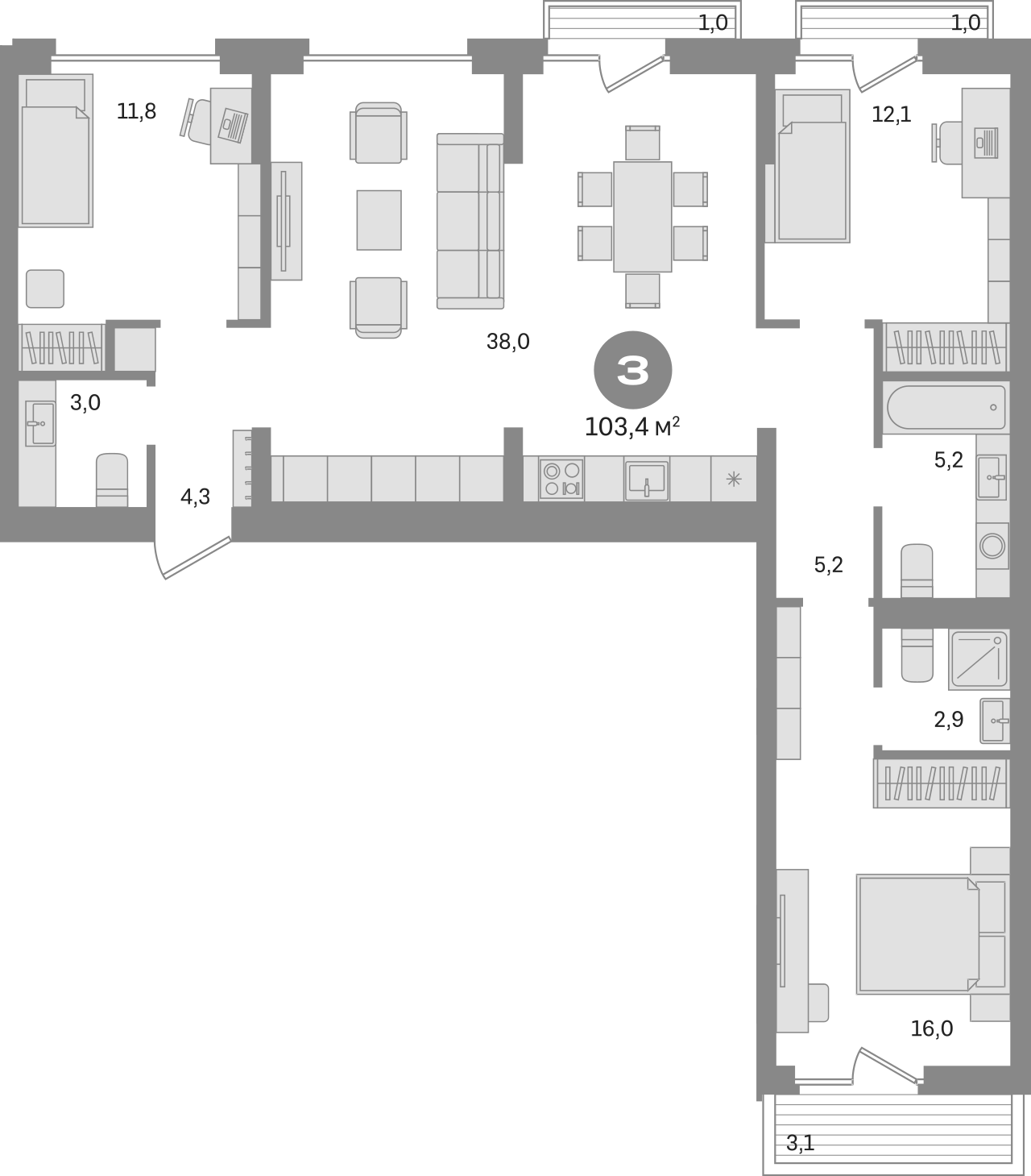 Планировка — Первый квартал. Вторая очередь, 3-комн., 98 м²