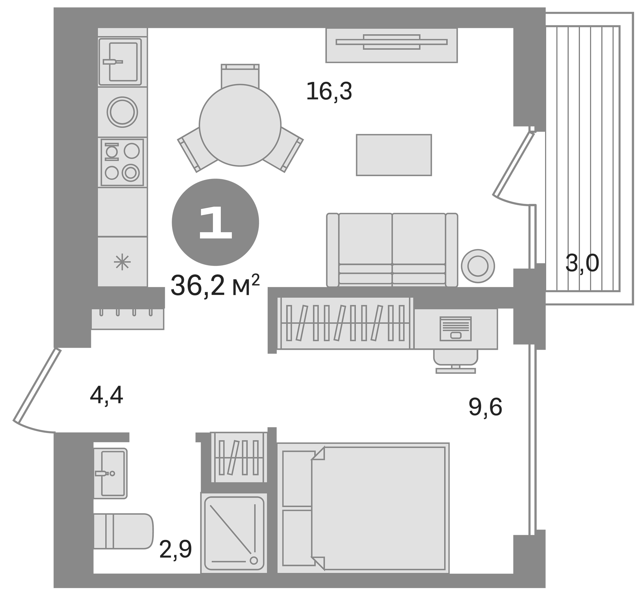 Планировка — Первый квартал. Вторая очередь, 1-комн., 33 м²