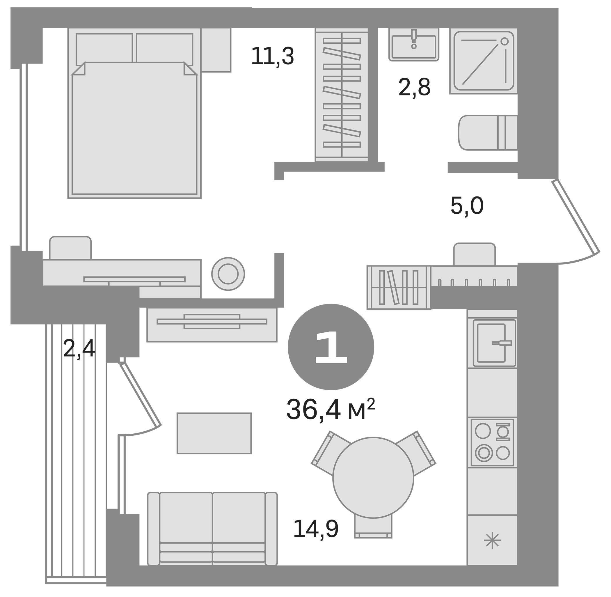 Планировка — Первый квартал. Вторая очередь, 1-комн., 34 м²