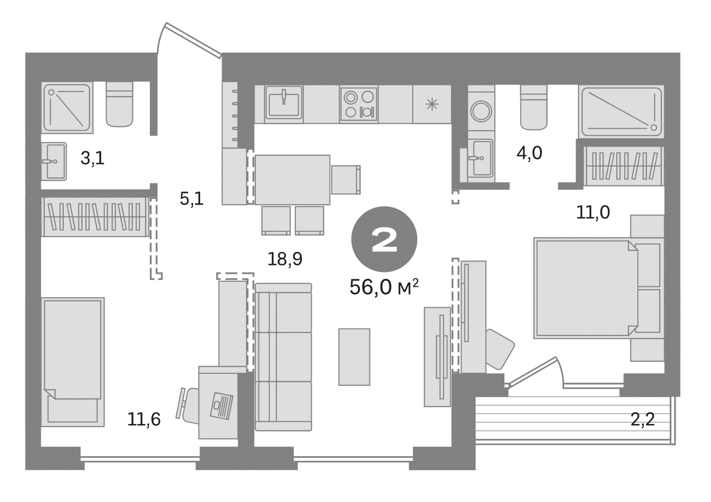 Планировка — Первый квартал. Вторая очередь, 2-комн., 54 м²