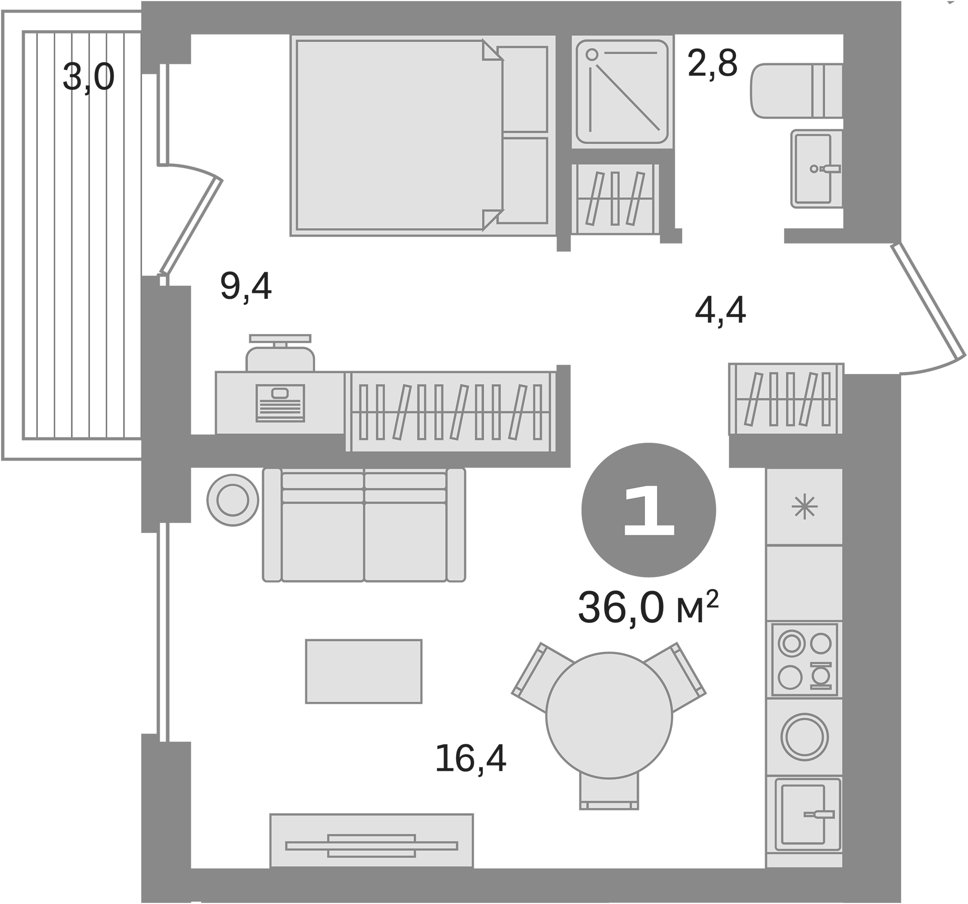 Планировка — Первый квартал. Вторая очередь, 1-комн., 33 м²