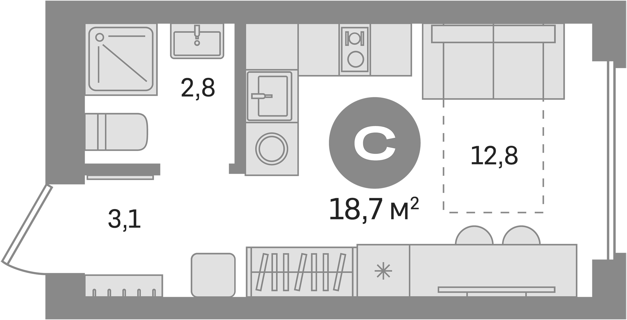 Планировка — Первый квартал. Вторая очередь, Студия, 19 м²