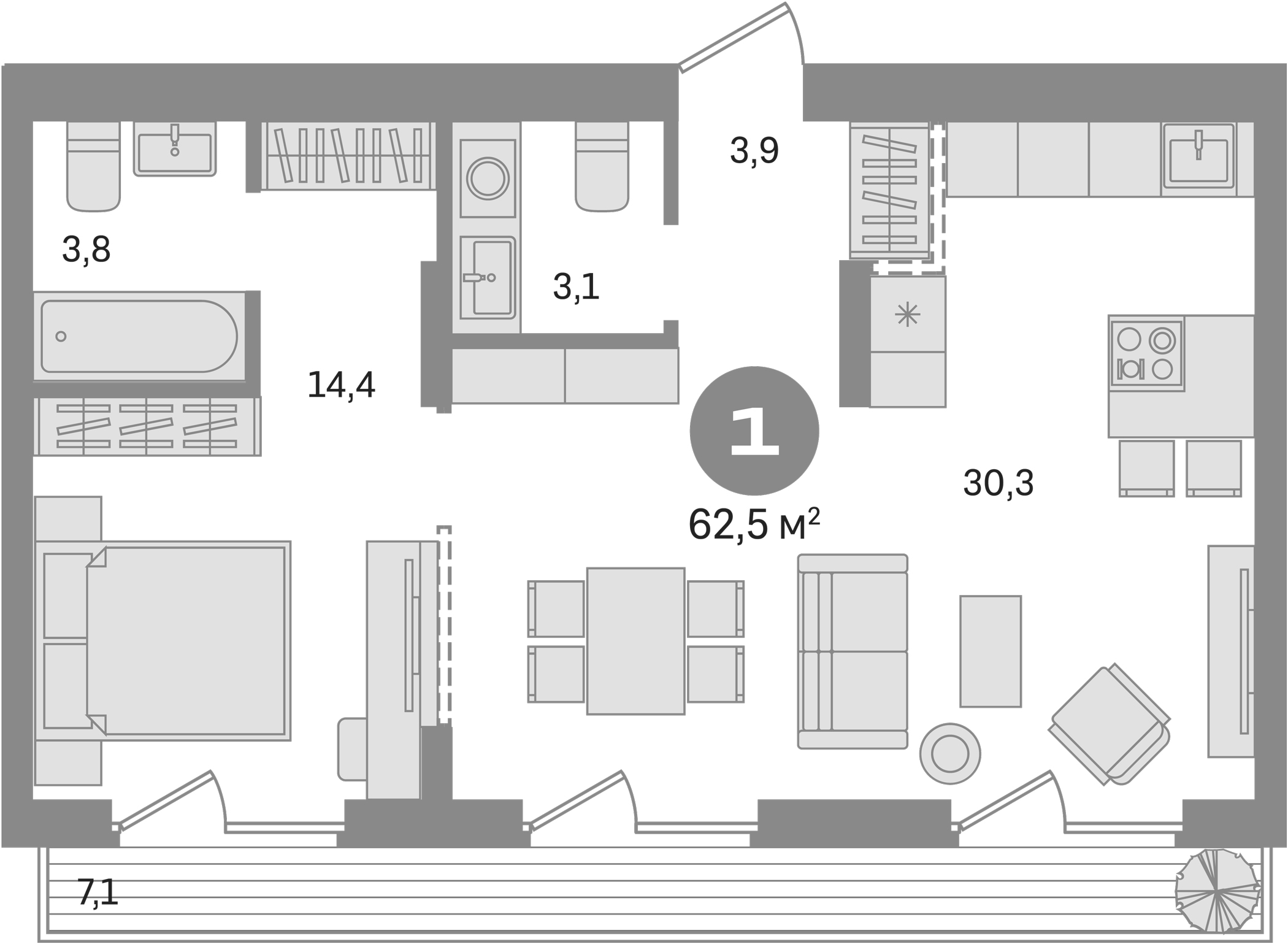 Планировка — Первый квартал. Вторая очередь, 1-комн., 55 м²