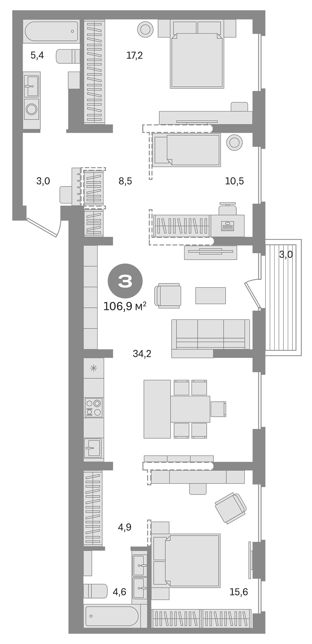 Планировка — Первый квартал. Вторая очередь, 3-комн., 104 м²