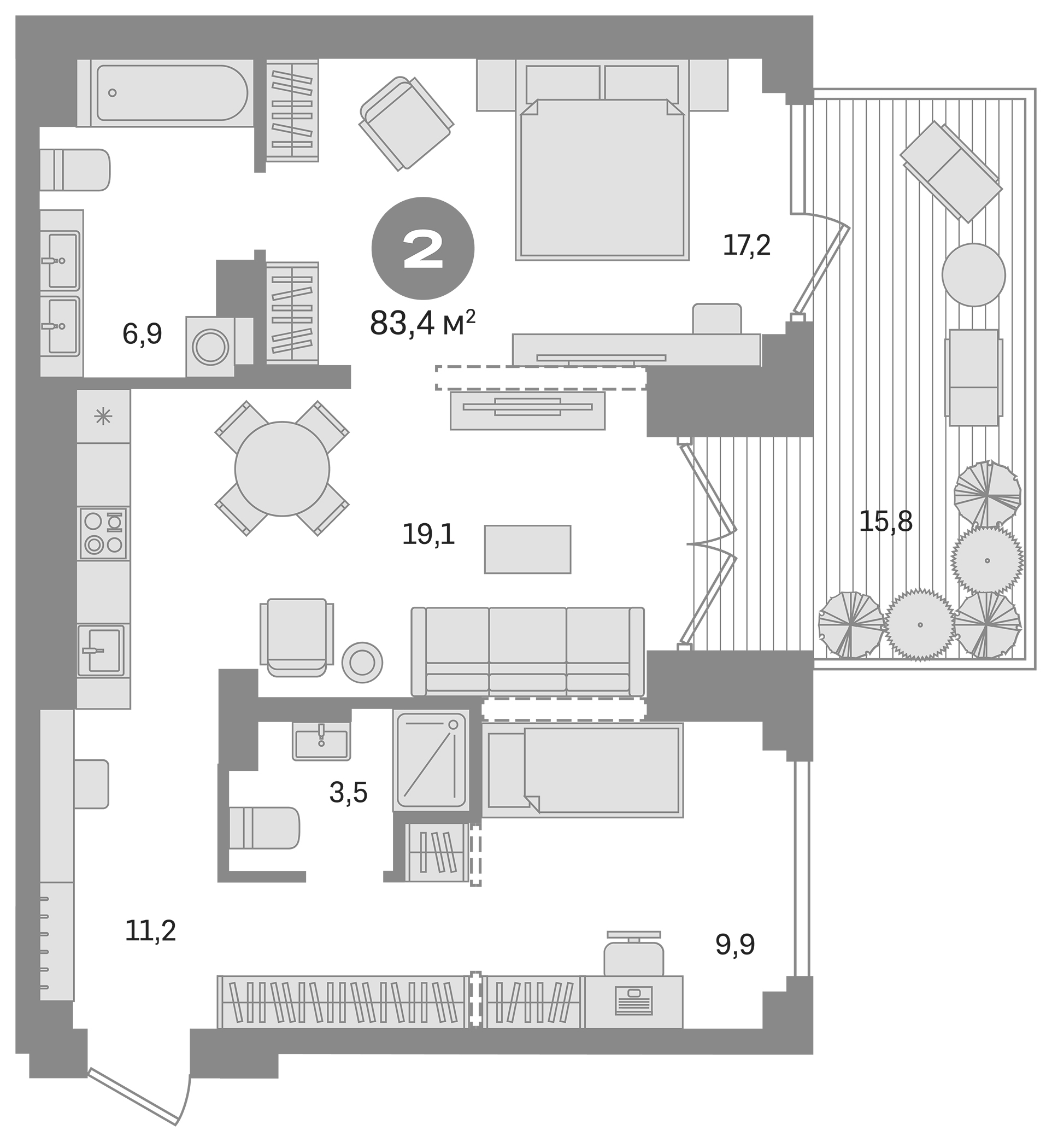 Планировка — Первый квартал. Вторая очередь, 2-комн., 68 м²