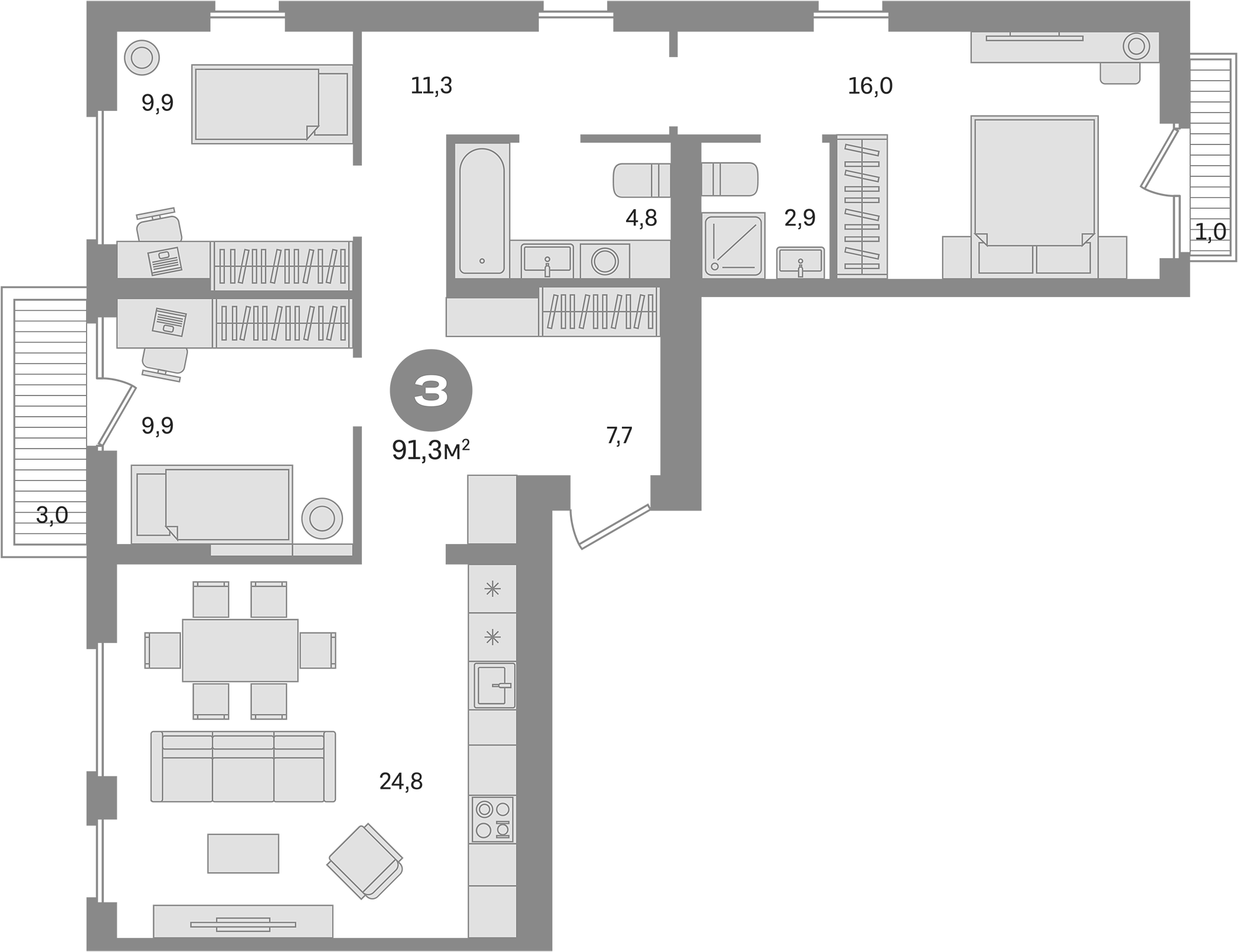 Планировка — Первый квартал. Вторая очередь, 3-комн., 87 м²