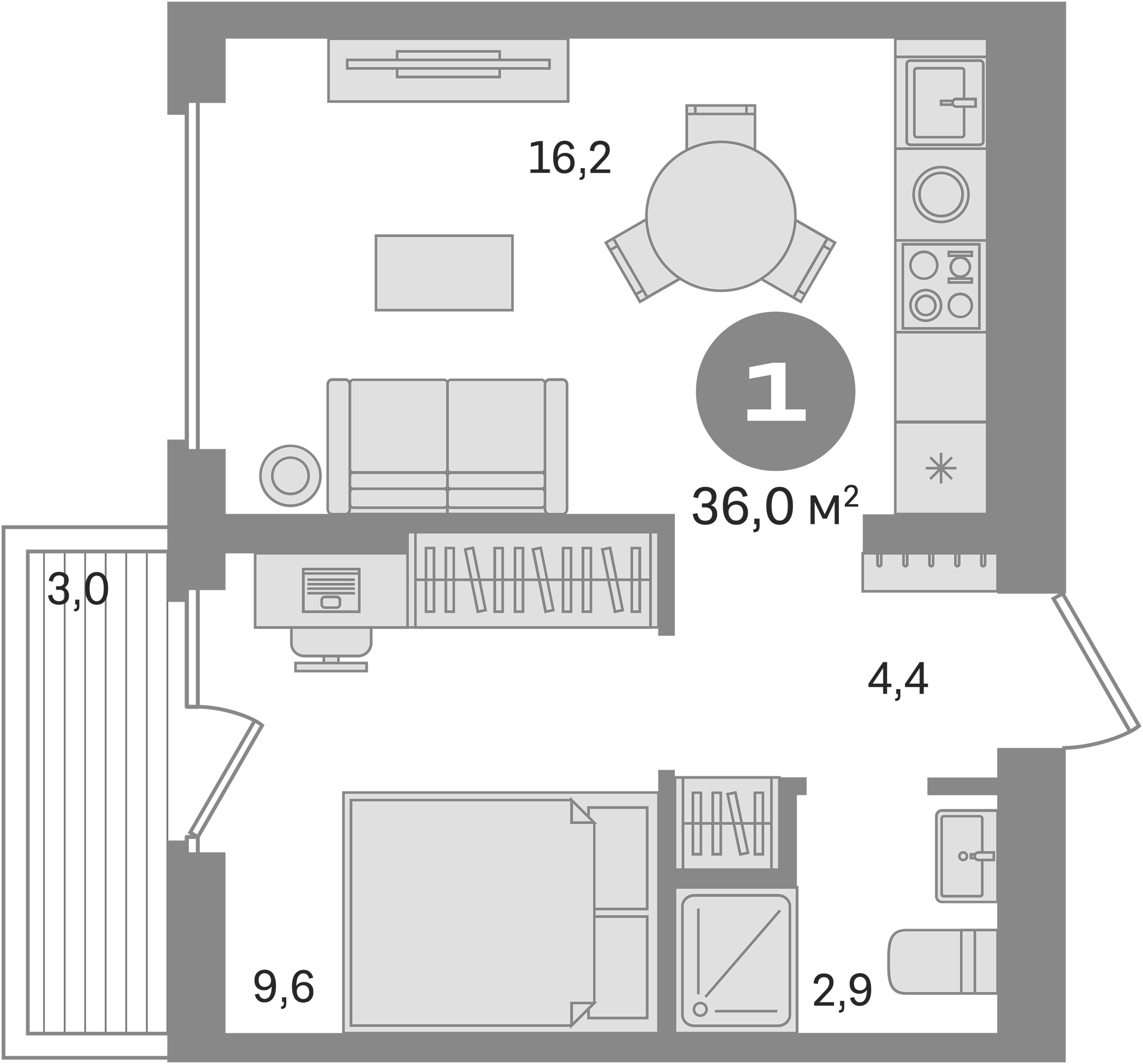 Планировка — Первый квартал. Вторая очередь, 1-комн., 33 м²
