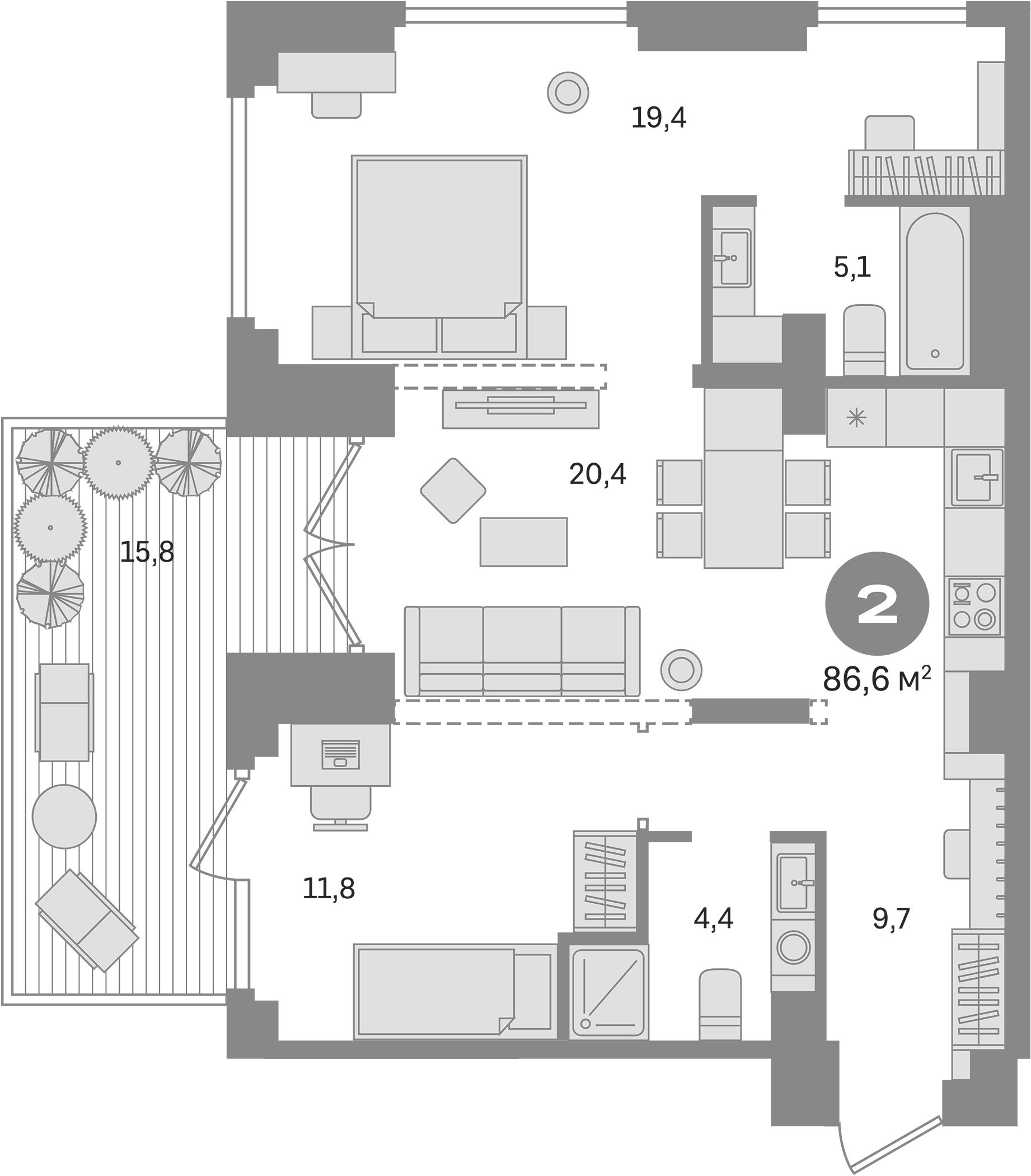 Планировка — Первый квартал. Вторая очередь, 2-комн., 69 м²