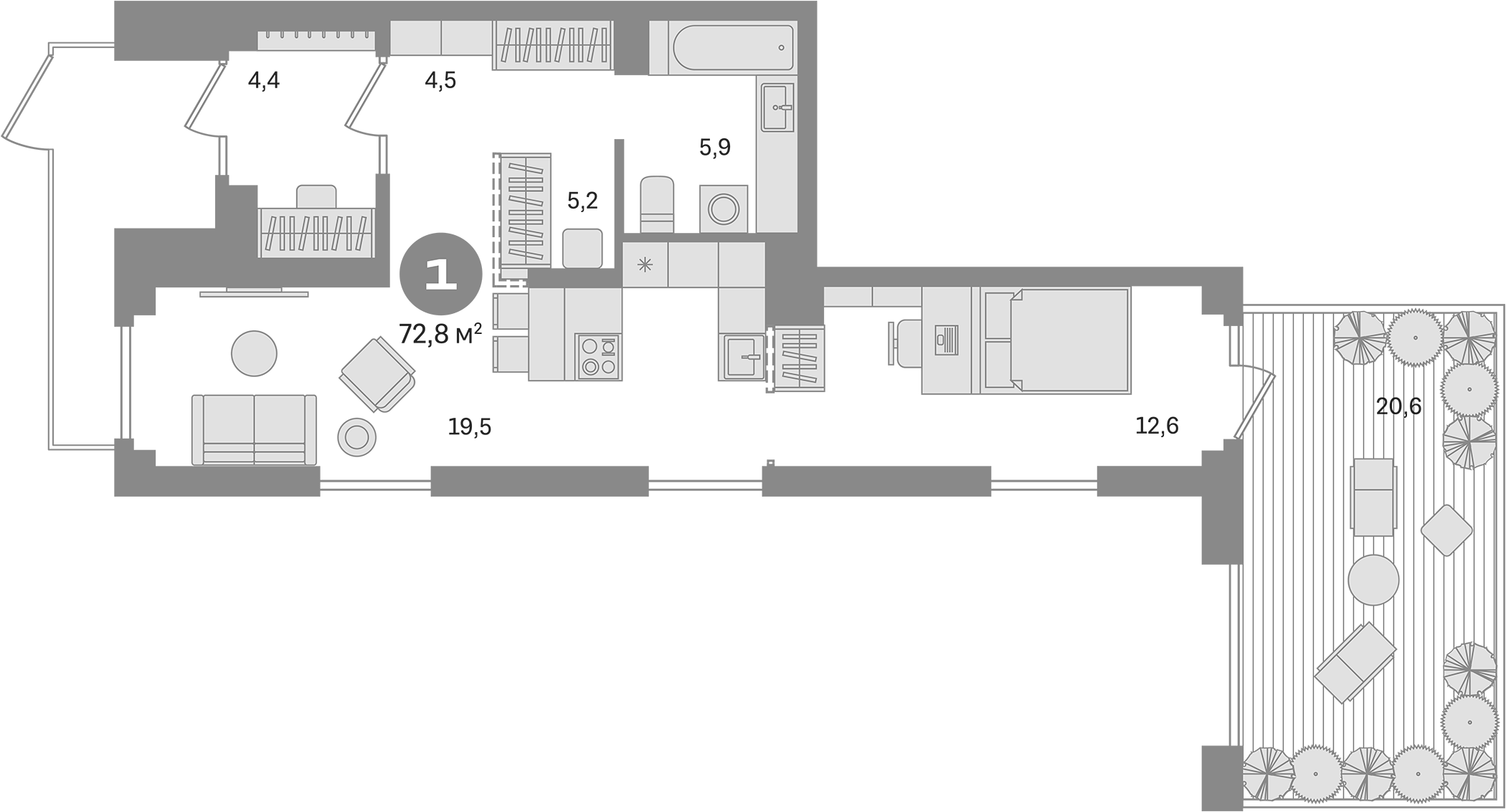 Планировка — Первый квартал. Вторая очередь, 1-комн., 52 м²