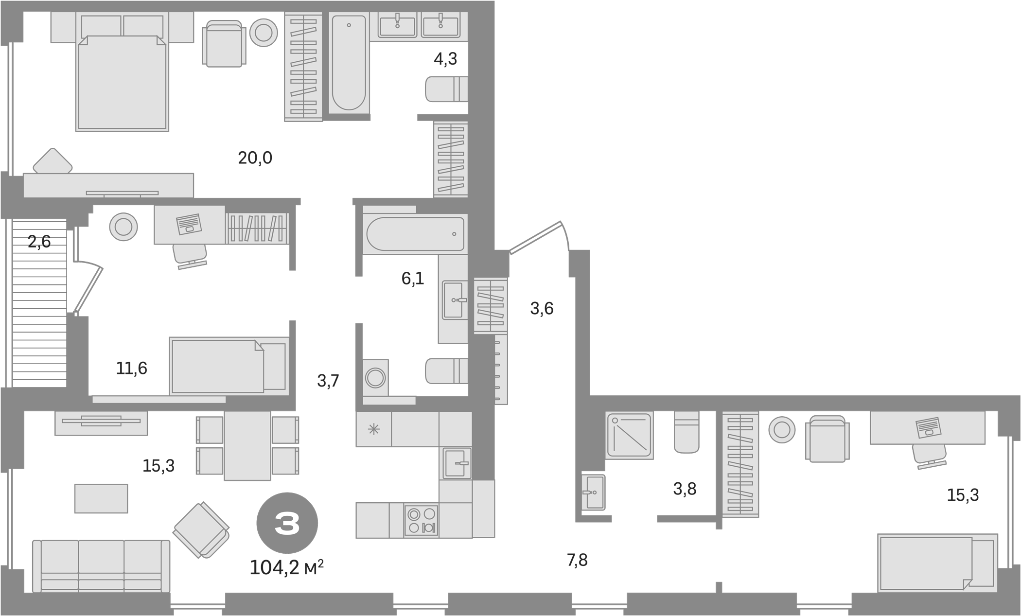 Планировка — Первый квартал. Вторая очередь, 3-комн., 102 м²