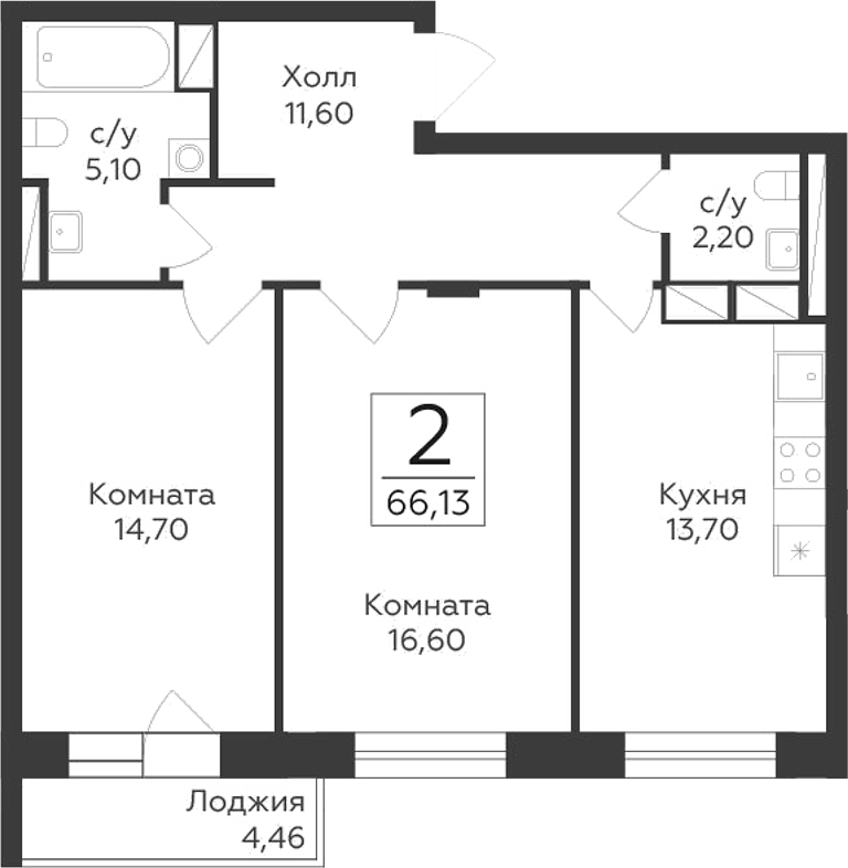 Планировка — Малаховский, 2-комн., 64 м²