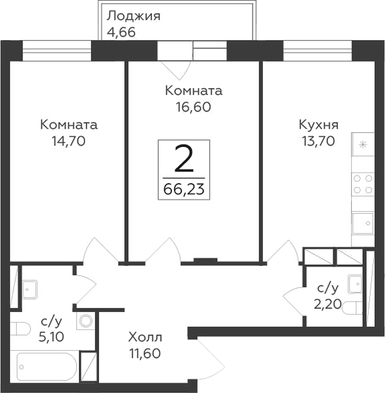 Планировка — Малаховский, 2-комн., 64 м²