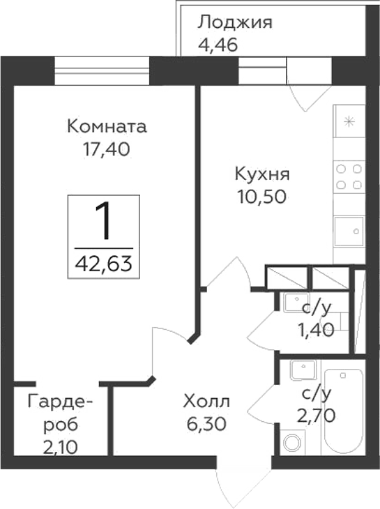 Планировка — Малаховский, 1-комн., 40 м²